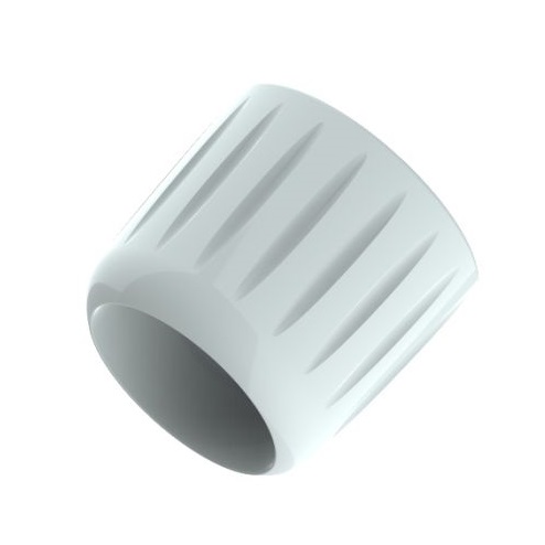 F807012_ White, cylindrical plastic Pipetman M Connecting Nut (Single Channel, Gilson) with vertical grooves, shown angled on a plain background.