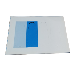A sheet of white paper with three elongated, oval cutouts—like the Pipetman M Battery Side Window Tags, Single & Multichannel, Set of 4 (Gilson); the left cutout shows a blue strip and the others reveal white.