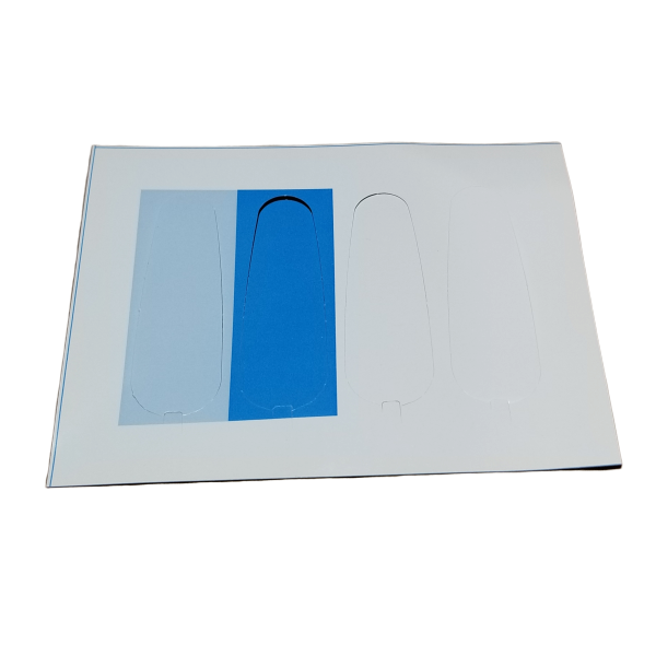 F807013 A sheet of white paper with three elongated, oval cutouts—like the Pipetman M Battery Side Window Tags, Single & Multichannel, Set of 4 (Gilson); the left cutout shows a blue strip and the others reveal white.
