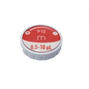 The Pipetman M Button Assembly, Newer (Gilson), for P10M, P8X10M, and P12x10M models, features a red and white design with a P10 dial (0.5–10 µL) and plus/minus symbols for easy calibration.