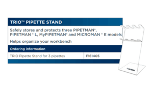 The Pipetman Universal Multichannel Pipette Stand (Gilson) holds up to three pipettes, including Gilson Pipetman models. Product information and order code are displayed on the left.