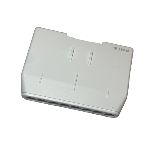 GI F507032 White plastic Gilson tip rack for 8-channel multichannel pipettes (10-300 μL), shown on a white background; compatible with Pipetman M Housing Kit, Multichannel, 8 Channel, 10-300μL.