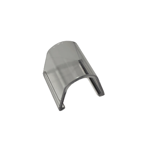 GI F807006 Clear plastic curved cover with open ends and flat sides, serving as the Ejector Side Clip Window for Pipetman M Single & Multichannel by Gilson, shown on a white background.