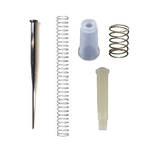 Five parts from the VWR UHP / Discovery Pro Piston Assembly Kit, Single Channel, 20μL (Labnet)—metal plunger, two springs, tip ejector, and clear tip cone—are neatly arranged on a white background.
