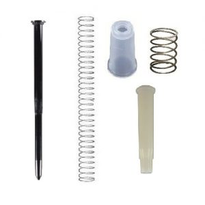 VWR UHP / Discovery Pro Piston Assembly Kit, Single Channel, 100μL (Labnet) includes a refill, two springs, two caps, and a plastic ink reservoir as disassembled ballpoint pen parts.