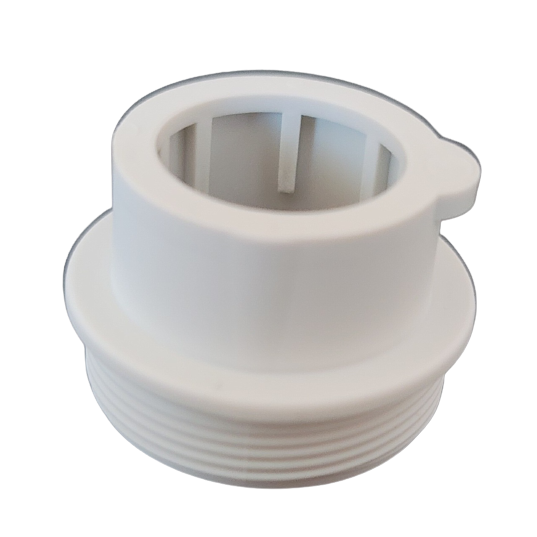 SA 726475 White plastic threaded adapter with a cylindrical body, flanged base, and internal slots, compatible with the Proline Plus Tip Cone Locking Ring, 5mL (Sartorius), photographed on a white background.
