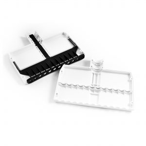Two white Proline Electronic Tip Cone Housings (Sartorius), 12 channel, 100μL/250μL, each with multiple slots and a central hinge, are displayed open and separated on a white background.