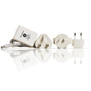 A Drummond Scientific Portable Pipet-Aid XL & XP2 Power Supply with three international adapters (100-240V) is shown on a reflective surface.