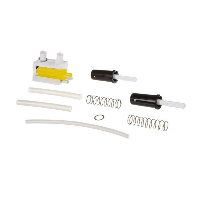 DR_4-000-084 Set of pump parts for Pipet-Aid Hood Mate Valve Body Assembly with Buttons (Drummond), including housing, cylinders, rods, springs, tubes, and O-ring—perfect replacement kit for Drummond assemblies.