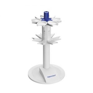 The Reference 2 Pipette Holder for Original Carousel Stand 1 (Eppendorf) is a white, two-tier carousel stand with a blue center and Eppendorf branding at the base, designed to hold multiple pipettes.