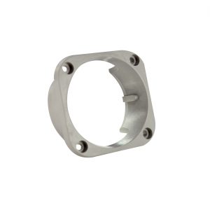 Gray housing connector with four screw holes and a circular center, photographed on a white background; compatible with Eppendorf Repeater Plus and Multipette Plus systems (Product: Housing Connector, Gray Knob).
