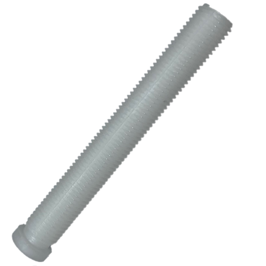 F148042 A close-up of the Microman Adjusting Screw, M25, M250 (Gilson), a white, fully-threaded plastic bolt with a flat head, shown against a plain background.