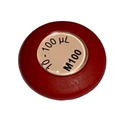 F148569 A blue Microman Plunger Button labeled "M100," designed for Gilson systems and compatible with 10-100 µL capacity.