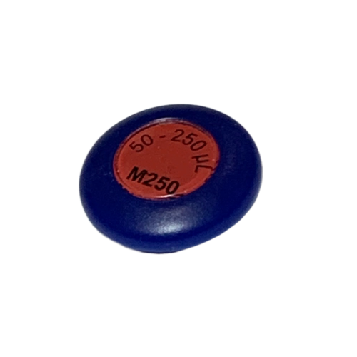 F148618 A blue Gilson Microman Plunger Button (M250) with a red center, labeled 50-250 µL.