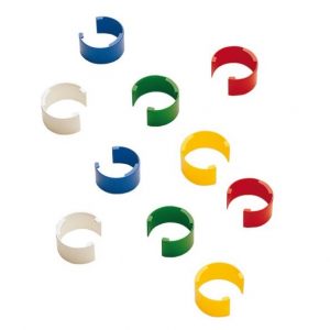 Ten Pipetman Coloris Identification Clips, Mixed Colors, 10 Pack (Gilson), featuring blue, green, red, yellow, and white clips in a C-shape design, are scattered on a white background.