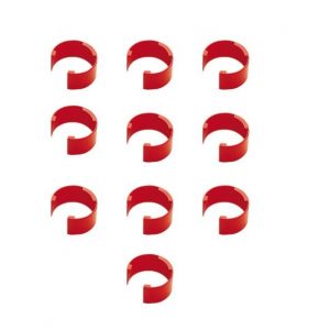 Nine red Pipetman Coloris Identification Clips, 10 Pack (Gilson), are arranged in a 3x3 grid on a white background.