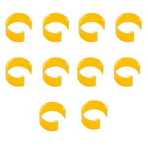 Ten Pipetman Coloris Identification Clips, Yellow, 10 Pack (Gilson), are arranged in a grid pattern on a white background.