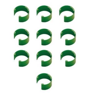 Ten identical green Pipetman Coloris Identification Clips, 10 Pack (Gilson), are arranged in a grid pattern on a white background.