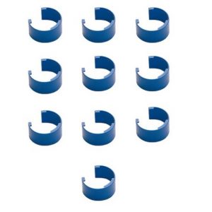 Ten blue Pipetman Coloris Identification Clips by Gilson, from a 10 pack, are arranged in a neat grid on a white background.