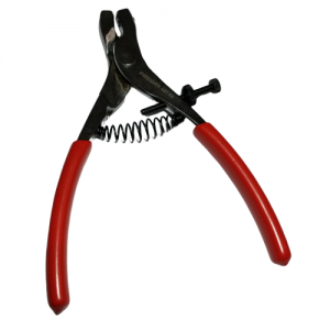 A Distriman Retaining Spring Extractor Tool (Gilson), with metal pliers, red handles, a spring mechanism, and an adjustable screw, is displayed on a white background.