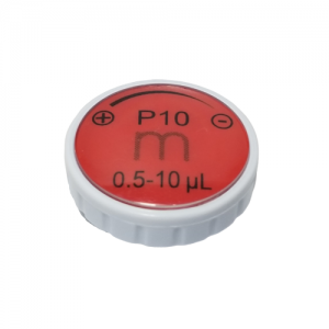 A red and white plastic dial cap labeled “P10, 0.5-10 µL” with ± symbols, for the Pipetman M Button Assembly (Older, P10M, P8X10M, P12x10M) by Gilson.
