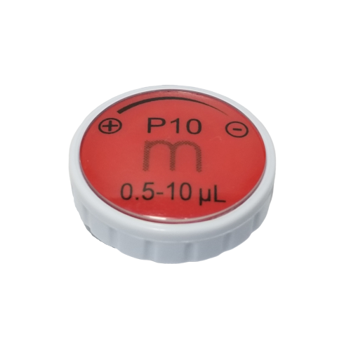 F807001 A red and white plastic dial cap labeled “P10, 0.5-10 µL” with ± symbols, for the Pipetman M Button Assembly (Older, P10M, P8X10M, P12x10M) by Gilson.