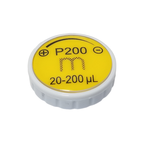F807003 Round yellow and white plastic cap labeled P200, 20-200 μL, with volume adjustment symbols for Pipetman M Button Assembly, Older, P200M, P8x200M, P12x200M (Gilson).