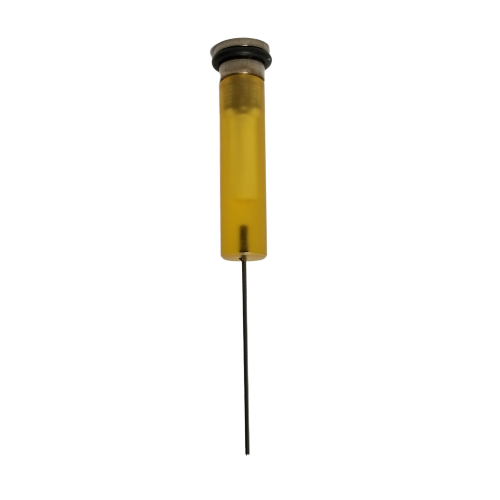 F807017 A close-up shows the precision of the Pipetman M Piston Assembly, Single Channel, P10M (Gilson), with a black plunger and thin needle filled with yellow liquid, isolated on a white background.
