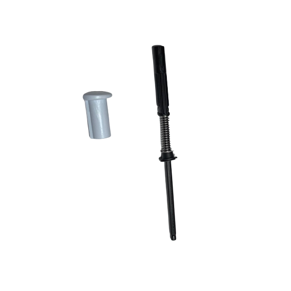 F807025 The Pipetman M Tip Ejector Rod Kit (Gilson), featuring a black spring-loaded pin and a separate white plastic cap, is displayed on a plain white background.