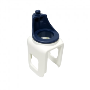 A white and navy blue plastic Pipetman M Ejection Interface for Gilson multichannel pipettes (8 & 12 channels), with a circular top opening and rectangular side openings.