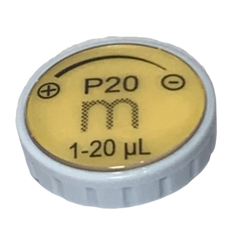 F807112 A round yellow Pipetman M Button Assembly labeled P20, 1-20 µL, with ± symbols and white ridged edge—compatible with older Gilson multichannel pipettes (P8x20M, P12x20M).