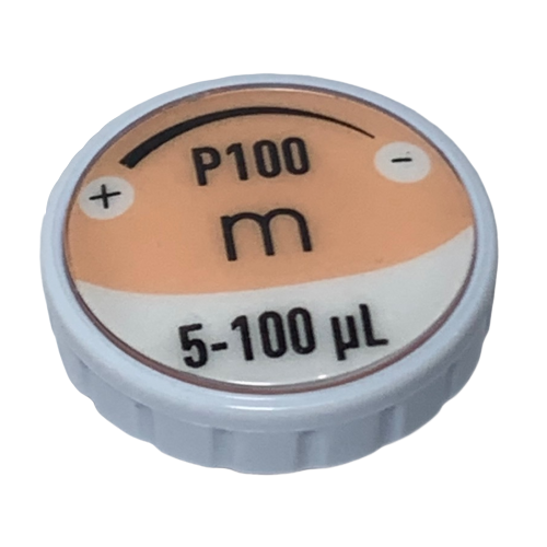 F807119 A Pipetman M Button Assembly, P100M (Gilson), in white and orange labeled P100, 5-100 µL, with plus/minus symbols on each side; designed for Gilson models and suitable as a button assembly replacement.