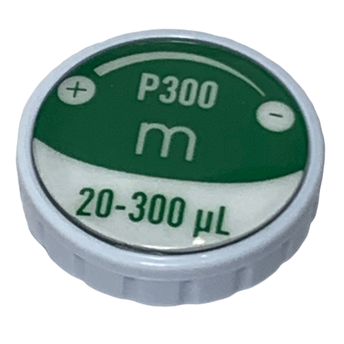 F807120 A green and white Pipetman M Button Assembly, P300M (Gilson), labeled 20-300 µL with plus/minus symbols; compatible with Pipetman M.