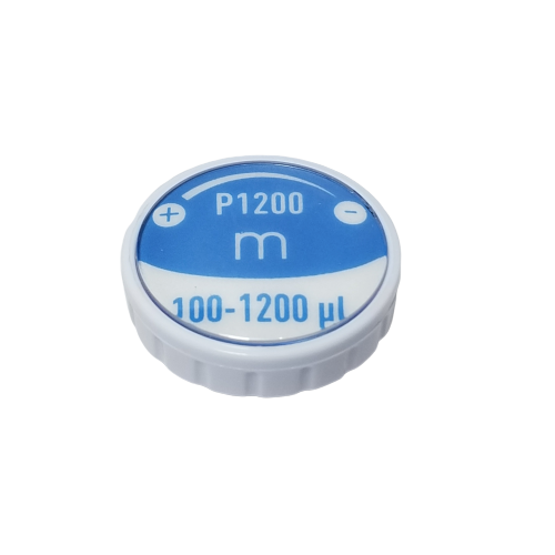 F807121 A blue and white plastic dial labeled P1200, 100-1200 µl, with an "m" symbol, used for adjusting pipette volume on the Gilson Pipetman M Button Assembly, P1200M.