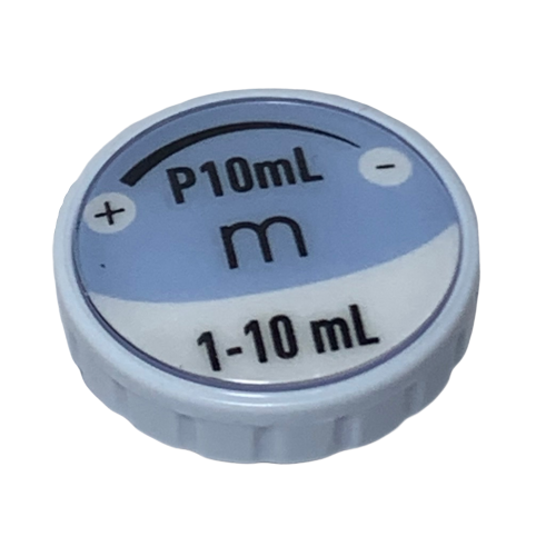 F807123 A white plastic Pipetman M Button Assembly, P10MLM (Gilson), labeled 1-10 mL with plus/minus symbols, is shown on a blue and white background.