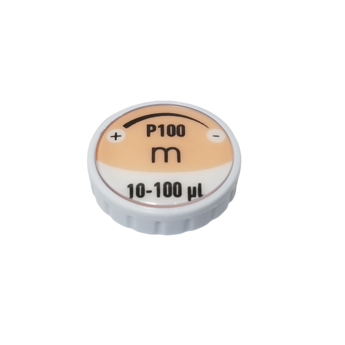 F807124 A round white plastic cap for the Gilson Pipetman M Button Assembly, compatible with multichannel models P8x100M and P12x100M, labeled “P100,” “10-100 µl,” with plus/minus symbols on an orange background.