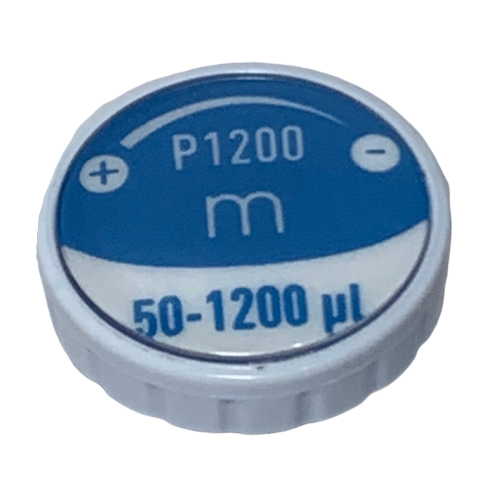 F807125 The blue and white Pipetman M Button Assembly for Multichannel (P8x1200M, P12x1200M) features a plastic build, volume dial labeled P1200 m and 50-1200 µl with plus/minus signs, compatible with newer Gilson models.