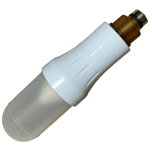 F807128 A frosted LED bulb with a white plastic base and metallic screw cap, photographed on white, echoes the precision design of the Pipetman M Piston Assembly, Single Channel, P5000M (Gilson).
