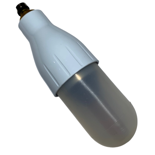 F807129 A white, translucent cartridge filter with a rounded end and threaded metal connector, designed for use with the Gilson Pipetman M Piston Assembly, Single Channel, 10mL, P10MLM. Shown isolated on a white background.