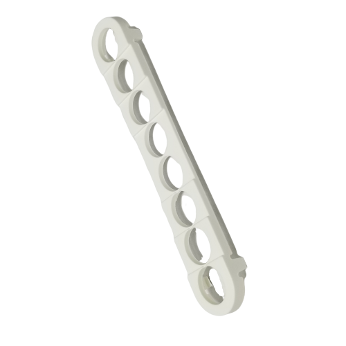 F807139 A white plastic Gilson Pipetman L & M Ejector Spacer, Multichannel, 8 Channel, 1200μL, with evenly spaced holes—perfect for use with compatible pipettes.