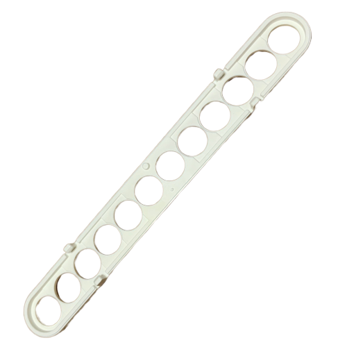F807140 A white plastic hanger with multiple oval holes organizes clothes vertically, similar to how the Pipetman L & M Ejector Spacer, Multichannel, 12 Channel, 1200μL (Gilson) streamlines sample handling in the lab.
