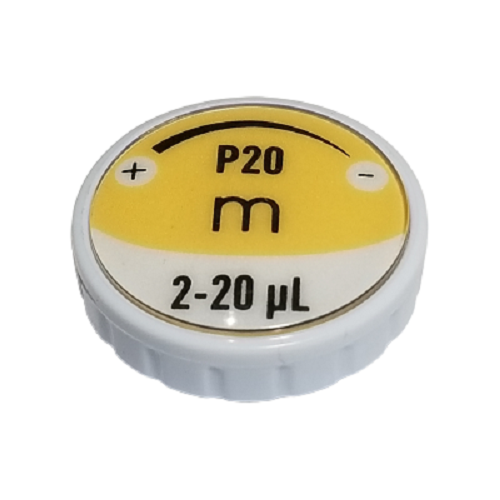 F807142 A yellow and white plastic cap labeled P20, 2-20 µL, with plus and minus signs, compatible with the Pipetman M Button Assembly, Newer, P20M (Gilson) laboratory pipette.