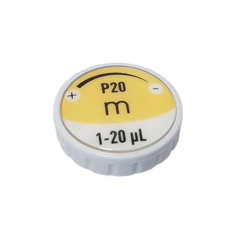 F807144 Gilson Pipetman M Button Assembly for Multichannel, fits P8x20M and P12x20M models; features ± adjustment symbols and supports 1-20 µL volume range. Suitable upgrade for newer multichannel pipettes.