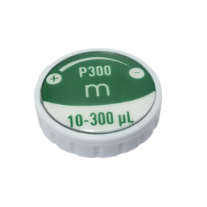 A close-up of the round, green-and-white Pipetman M Button Assembly for Gilson Multichannel pipettes, compatible with P8x300M and P12x300M models, labeled 10-300 µL with plus and minus symbols.