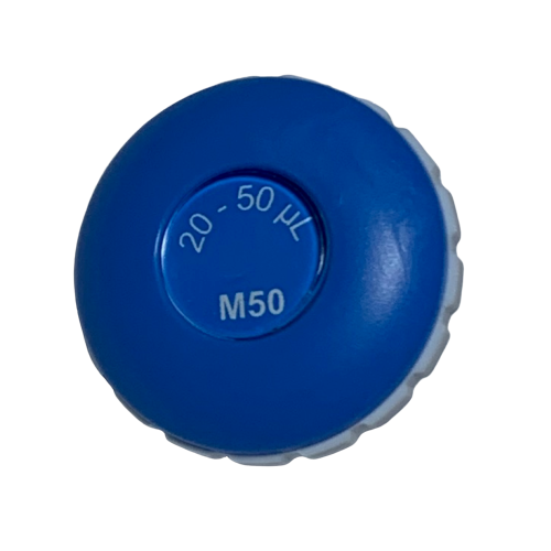 FD07003 The Microman E Button Assembly, M50E (Gilson), features a blue circular dial labeled 20–50 µL and M50 for adjusting volume on Gilson Microman E pipettes, providing precise control in lab work.