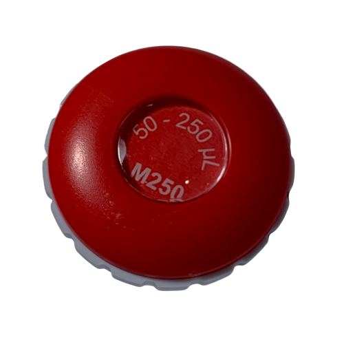 FD07005 A red circular Microman E Button Assembly, M250E (Gilson), labeled 50-250 µL with a transparent central window.