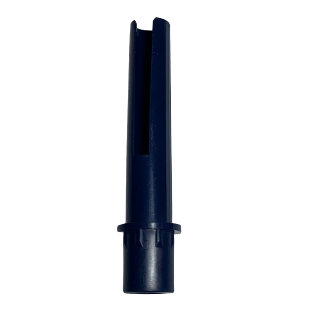 FD07017slash1 A black plastic cylindrical adapter with a split top and wider middle flange, compatible with Microman E Counter Shaft, All Volumes (Gilson), isolated on a white background.