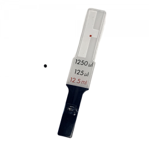 A Distriman Syringe Selector, Black Ball (Gilson), featuring measurement markings of 1250 µl, 125 µl, and 12.5 ml, is shown next to a small black dot on a white background.