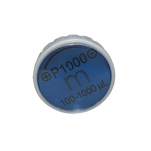 GI F807004 The Pipetman M Button Assembly, Older, P1000M (Gilson), is a blue and white control knob labeled 100-1000 µL with adjustment symbols for accurate volume selection on Gilson pipettes.