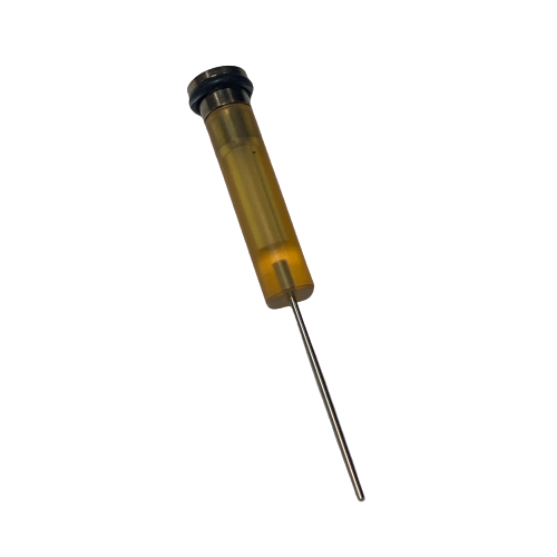 GI F807018 A Gilson Pipetman M Piston Assembly, Single Channel, P20M is shown isolated on a white background, featuring a yellow plastic hub and a long, thin metal needle resembling a single-use medical syringe needle.